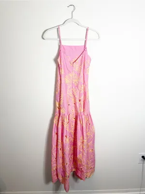 Anthropologie Beatrice B Abito Tessuto Pink Yellow Embroidered Maxi Dress Tank 0 thumbnail 4