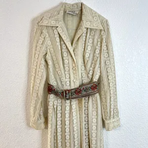 Vtg 70s John California Button Down Lace Dress Maxi Womens Cream Boho Collared thumbnail 3