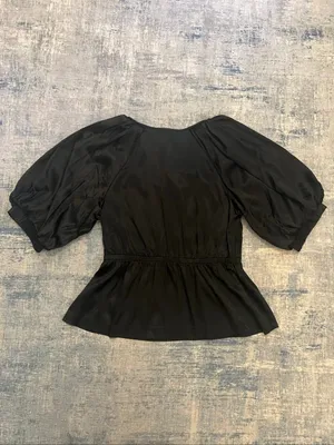 NWT! Madewell Black Satin Shirred Puff Sleeve V Neck Top Large thumbnail 3