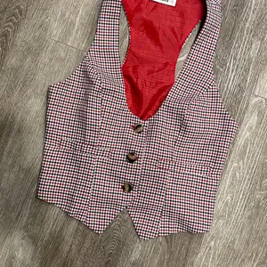 Vintage plaid checkered tuxedo vest button front red checks gingham small thumbnail 2