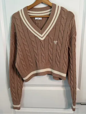 TNA Taupe Cable Knit V-Neck Sweater with Cream Trim Cropped thumbnail 1