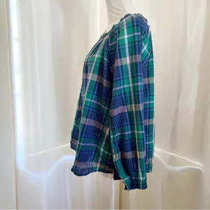 Old Navy Plaid Smocked‎ Square Neck Blouse Large Green Blue Long Sleeve Top thumbnail 2