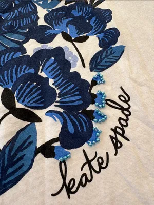 kate spade XL White blue peacock embellished Short Sleeve Tee casual lux Rio thumbnail 5
