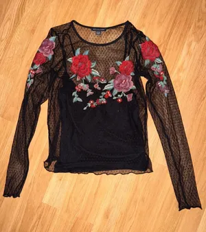 American Eagle Floral Embroidered Mesh Top Black Sheer Polka Dot Long Sleeve XS thumbnail 1