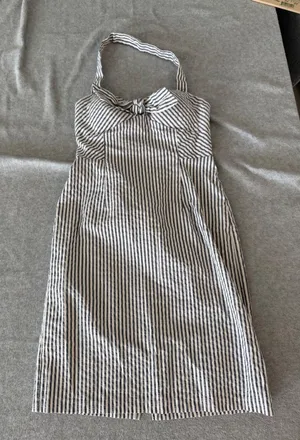 Kim Rogers Halter Dress Petite 6P Seersucker Stripe Navy White 222373KR thumbnail 1