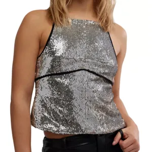 Free People James Silver Combo Black Sequin Open Back Tank Top Festival size L thumbnail 1