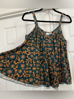 Natural Life Relaxed Button Down Tank Top Teal Dahlia Floral Boho Size S thumbnail 4