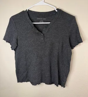 American Eagle Outfitters Charcoal Ribbed Henley Crop Tee thumbnail 1
