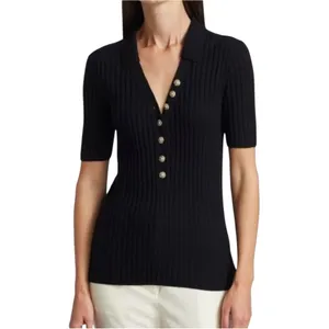 Loulou Studio Socotra Wool Cashmere Black Ribbed Short Sleeve Polo Top MEDIUM thumbnail 3