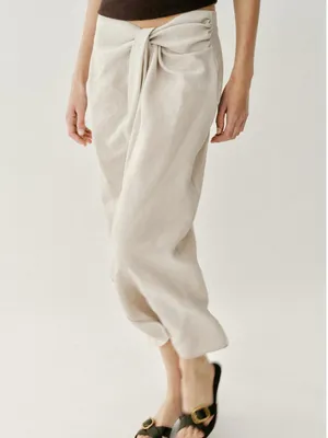 Zara NWT cream beige Draped twist front ruched Midi pareo Skirt thumbnail 2
