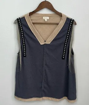 POL Gray/Tan Metal Fringe V-Neck Tank Size M thumbnail 1