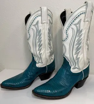 Justin Boots Vintage White Teal Western Cowgirl Boots Lizard Stitch 6.5 RARE thumbnail 1
