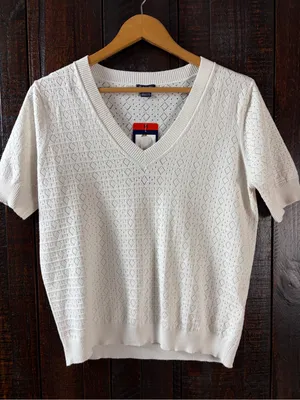 Splendid Cream Short-Sleeve Pointelle V-Neck Sweater Knit Top Medium thumbnail 2