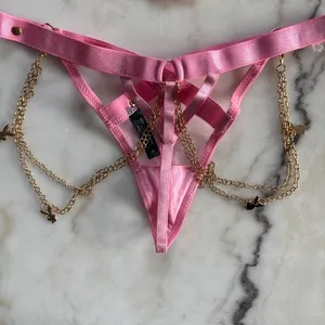Playboy Charm Waspie 3pc Lingerie Set Pink Bra Corset Thong Gold Bunny Chains thumbnail 7
