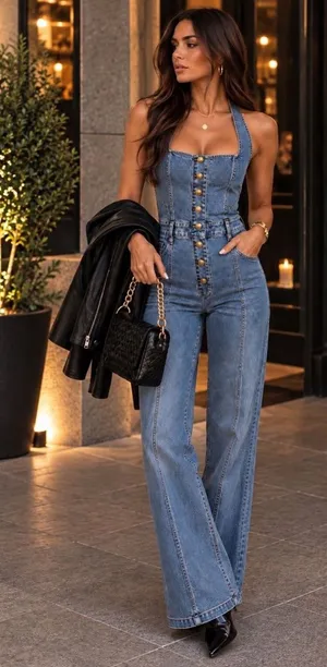 Alice + Olivia Pennie halter denim bootcut jumpsuit 29 thumbnail 1