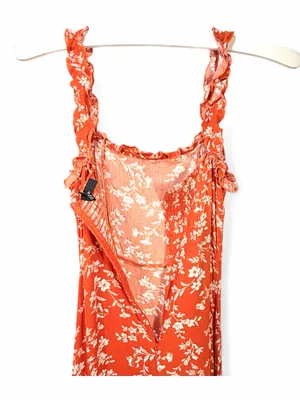 LULUS Women’s Garden Date Red Orange Floral Print Ruffle Midi Dress size XXS thumbnail 14