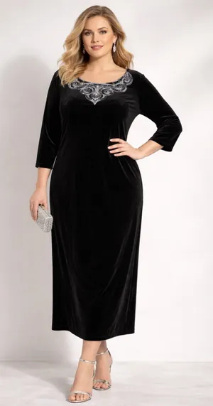 Bob Mackie Wearable Art Black Velvet Embellished Midi Dress 1X Evening Formal thumbnail 1
