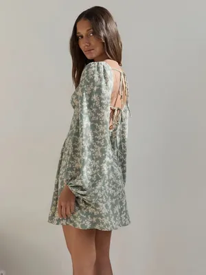 Fortunate One Garden Chic Mini Dress Green & White Floral. Voluminous Sleeves thumbnail 10