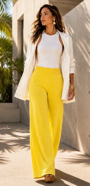 RIVIR Yellow High Rise Wide Leg Pull On Knit Pants Stretch Size Small thumbnail 1