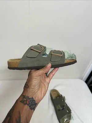 Olive Double-Buckle Slide Sandals with Rose-Gold Buckles Leather thumbnail 2