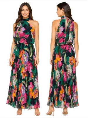 XSCAPE - Gia Floral Print Pleated Chiffon Halter Maxi Dress thumbnail 2