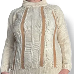 Vintage Tanni 100 Wool Cable Knit Sweater Leather Trim Made in Hong Kong‎ Medium thumbnail 2