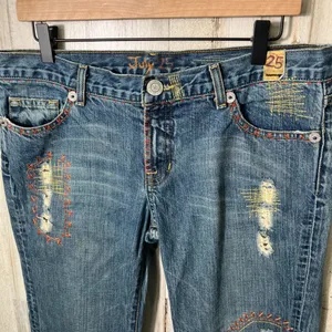 Vintage Y2k July 25 Patchwork Boho Embroidered Distressed Flare‎ Jeans Womens 31 thumbnail 3