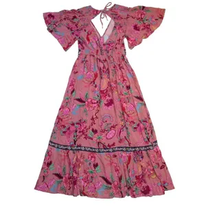 NWT by Anthropologie Ruffled Embroidered Maxi in Pink Floral V-neck Dress S thumbnail 11