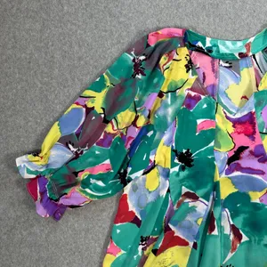 J Jordan Emerald Floral Pleated Blouse Women's Small Tunic Balloon Sleeve V-Neck thumbnail 2