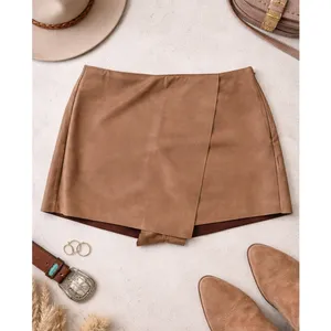 Y2k Faux Suede Wrap Skort Brown Large Mini Skirt Shorts Neutral thumbnail 13