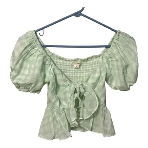 Aéropostale Gingham Puff Sleeve Tie Front Peplum Crop Top Green Size Small NWT thumbnail 5