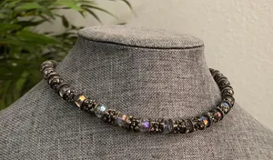 Y2K RARE Silver tone iridescent beaded glass resin gemstone choker necklace #fairy #grunge #subversive #whimsygoth #gothic festival jewel thumbnail 3