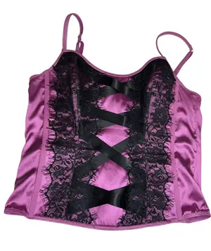 Victoria's Secret purple Pink Satin Chemise top corset Black Lace Crisscross L thumbnail 1