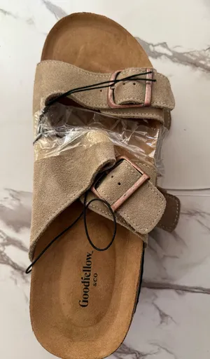 Goodfellow & Co Men’s Taupe Suede Two-Strap Buckle Slide Sandals – Cork Footbed Slides NWT thumbnail 1