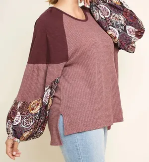 Umgee Waffle Knit Balloon Sleeve Sweater Top Sz Large Boho Patchwork thumbnail 2