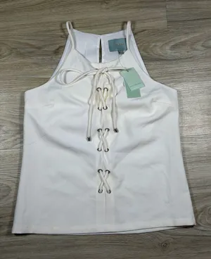 NEW Skies Are Blue Off White Grommet Lace Up Tank Top Boho Feminine Coquette thumbnail 1