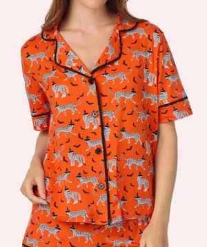 Bouffants & Broken Hearts Orange Halloween Pajama Short Sleeve Top. Size Small thumbnail 1