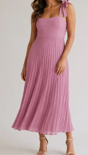 Mable Mauve Smocked Tie Shoulder Stretch Knit Pleated Midi Dress thumbnail 1