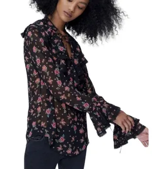 Rebecca Minkoff Devy Black/Pink Floral Ruffle Bell Sleeve Blouse Size Small thumbnail 16