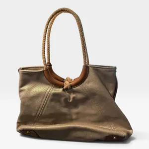 Michael Kors Metallic Canvas Tote Bag Tan Gold Braided Rope Handle Large thumbnail 1
