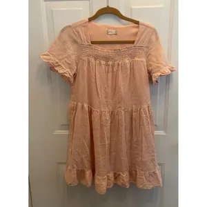 Altar'd State Peach Smocked Babydoll Mini Dress‎ Short Sleeve Ruffle S thumbnail 2
