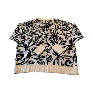 Anthropologie Abstract Floral Jacquard Wool Blend Crewneck Sweater XL Cream Blue thumbnail 5