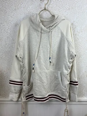 POL Cream & Gray Oversized Boho Stripe Cowl Neck Lace-up Hoodie - Size - Medium thumbnail 2