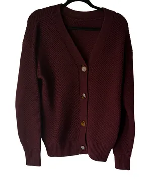 Victoria Beckham Knit Cardigan Sweater Burgundy Button Front V Neck Size 2 Large thumbnail 1