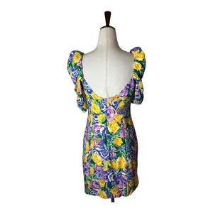 Zara Dress Women Medium Purple Yellow Floral Balloon Sleeve Corset Style‎ Mini thumbnail 4
