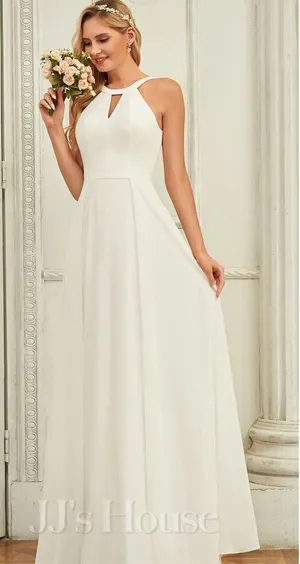 JJ house wedding dress A-line Scoop Floor-Length Chiffon Wedding Dress #250142 thumbnail 1