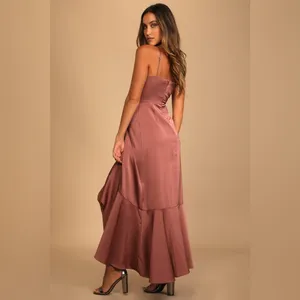 Lulus Enchanted Moments Mauve Pink Satin Ruffle Dress Sz Medium High Low V Neck thumbnail 3
