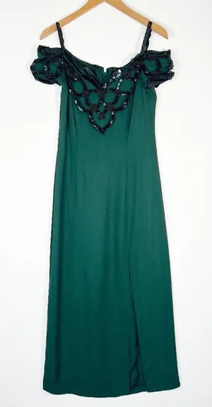 Vintage 90s Niki Originals Emerald Green Beaded Sequin Gown Dress Womens 8 thumbnail 1