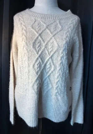 Marled Reunited Clothing Cream Cable Knit Side Button Sweater Small thumbnail 1