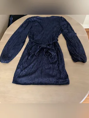 Navy Blue Sequin Wrap Dress Long Sleeve Tie Waist Cocktail Party Mini Dress thumbnail 3